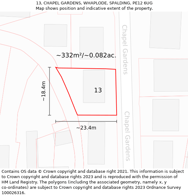 13, CHAPEL GARDENS, WHAPLODE, SPALDING, PE12 6UG: Plot and title map