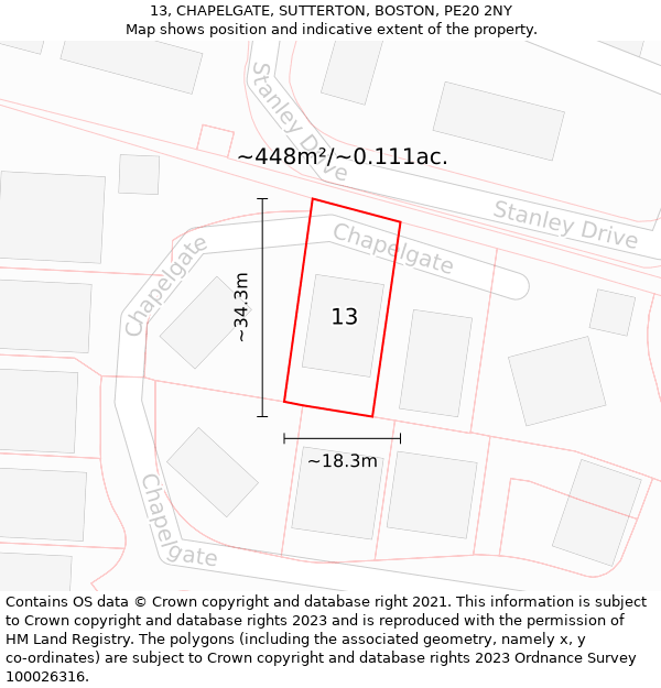 13, CHAPELGATE, SUTTERTON, BOSTON, PE20 2NY: Plot and title map