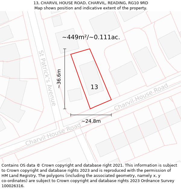 13, CHARVIL HOUSE ROAD, CHARVIL, READING, RG10 9RD: Plot and title map