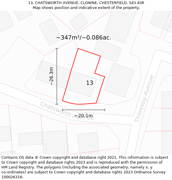 13, CHATSWORTH AVENUE, CLOWNE, CHESTERFIELD, S43 4SR: Plot and title map