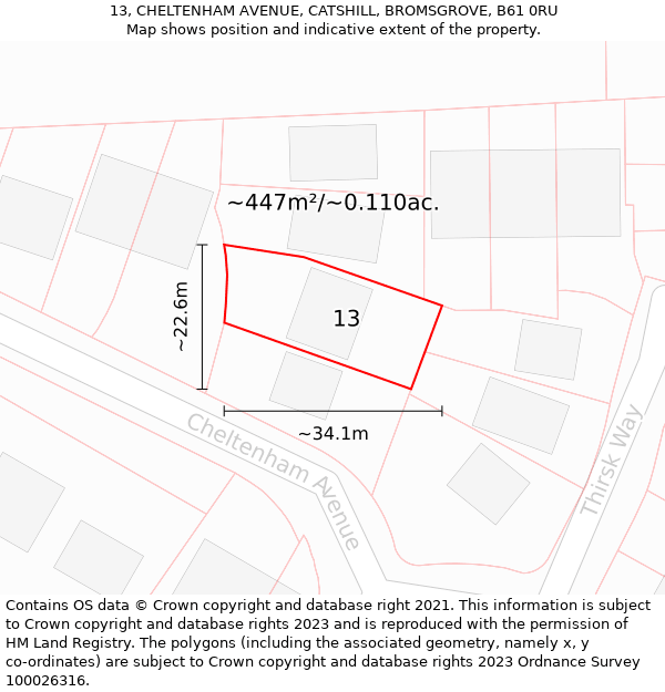 13, CHELTENHAM AVENUE, CATSHILL, BROMSGROVE, B61 0RU: Plot and title map