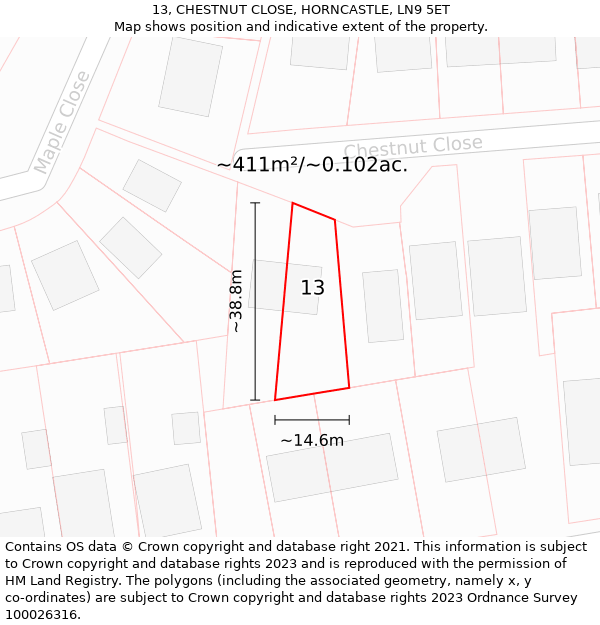 13, CHESTNUT CLOSE, HORNCASTLE, LN9 5ET: Plot and title map