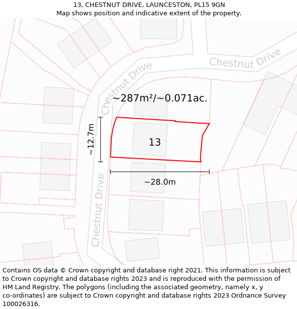 13, CHESTNUT DRIVE, LAUNCESTON, PL15 9GN: Plot and title map