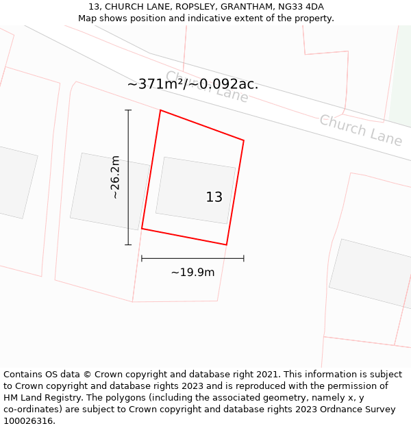 13, CHURCH LANE, ROPSLEY, GRANTHAM, NG33 4DA: Plot and title map