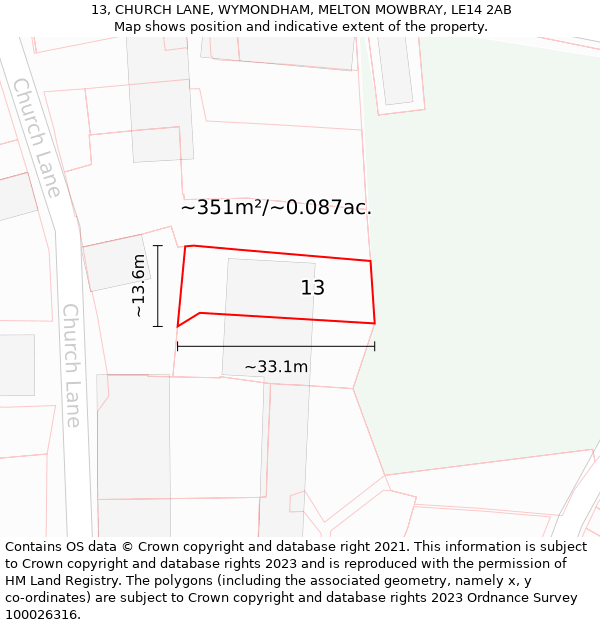 13, CHURCH LANE, WYMONDHAM, MELTON MOWBRAY, LE14 2AB: Plot and title map