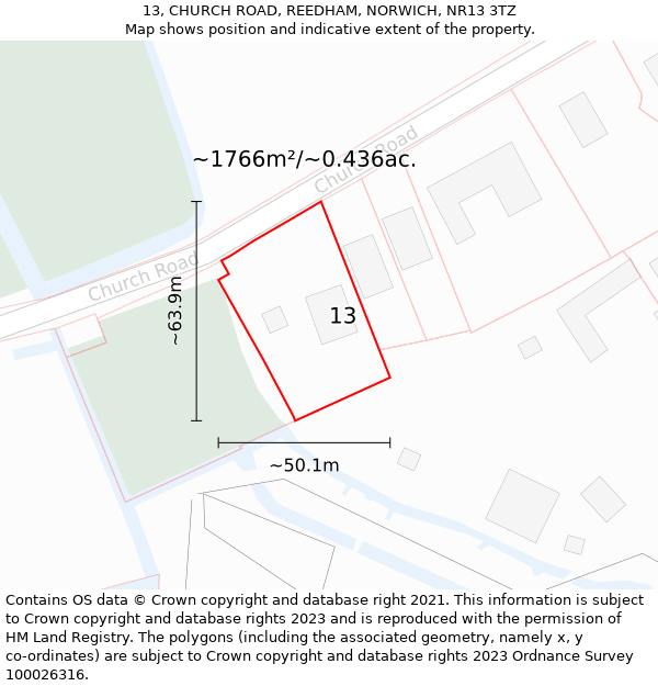 13, CHURCH ROAD, REEDHAM, NORWICH, NR13 3TZ: Plot and title map