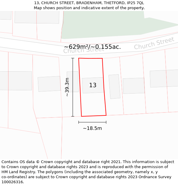 13, CHURCH STREET, BRADENHAM, THETFORD, IP25 7QL: Plot and title map