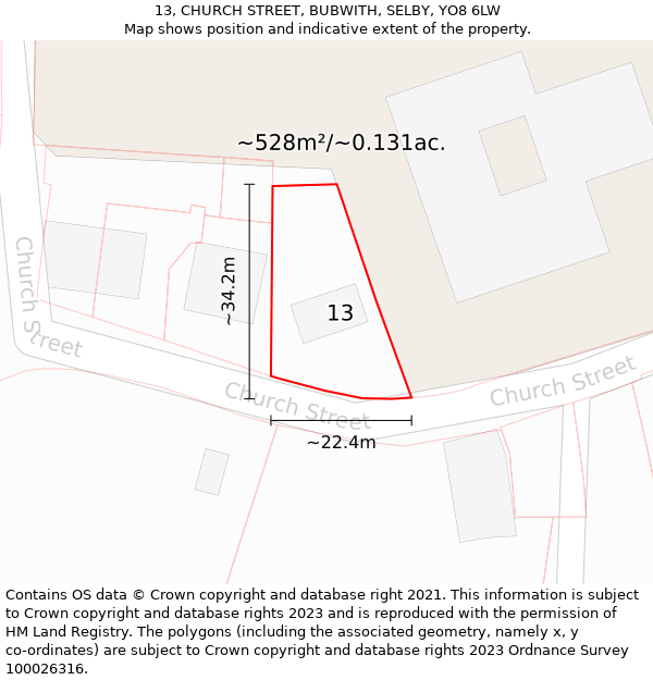 13, CHURCH STREET, BUBWITH, SELBY, YO8 6LW: Plot and title map