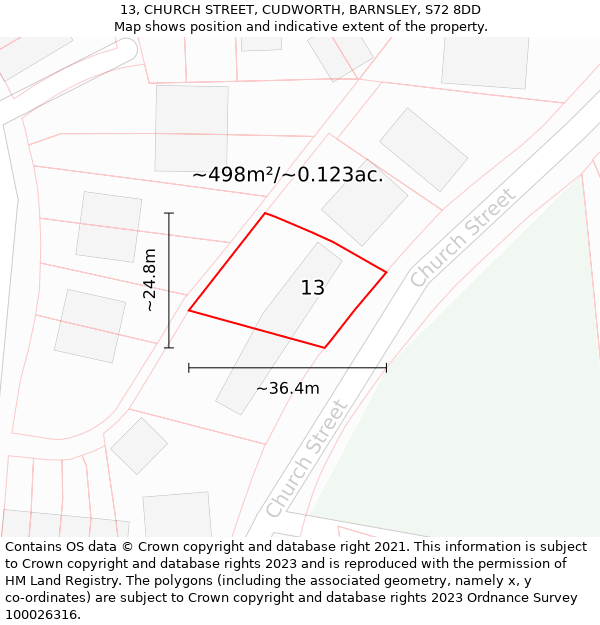 13, CHURCH STREET, CUDWORTH, BARNSLEY, S72 8DD: Plot and title map