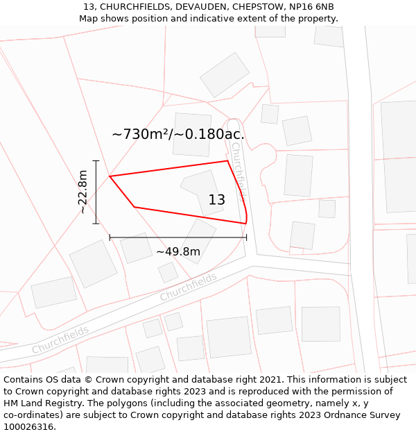 13, CHURCHFIELDS, DEVAUDEN, CHEPSTOW, NP16 6NB: Plot and title map
