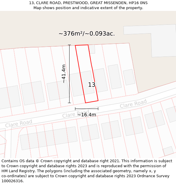 13, CLARE ROAD, PRESTWOOD, GREAT MISSENDEN, HP16 0NS: Plot and title map