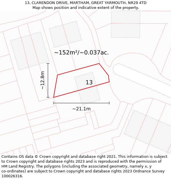 13, CLARENDON DRIVE, MARTHAM, GREAT YARMOUTH, NR29 4TD: Plot and title map