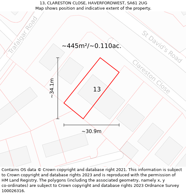 13, CLARESTON CLOSE, HAVERFORDWEST, SA61 2UG: Plot and title map