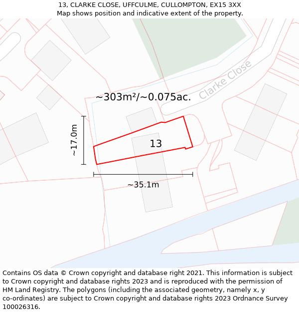 13, CLARKE CLOSE, UFFCULME, CULLOMPTON, EX15 3XX: Plot and title map