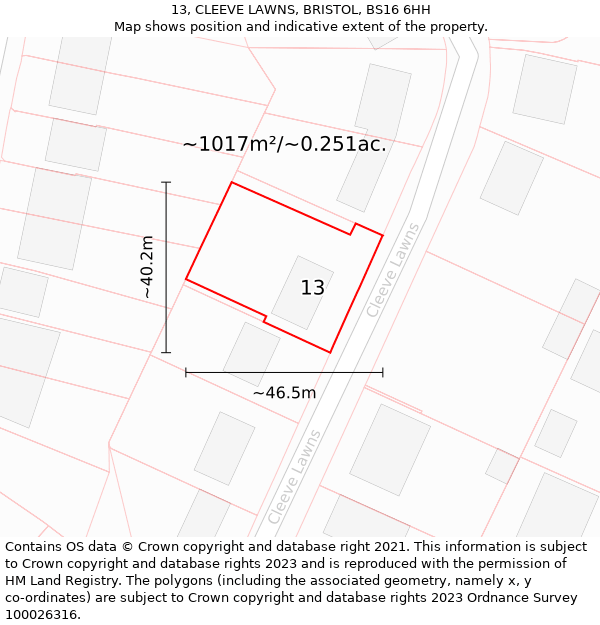 13, CLEEVE LAWNS, BRISTOL, BS16 6HH: Plot and title map