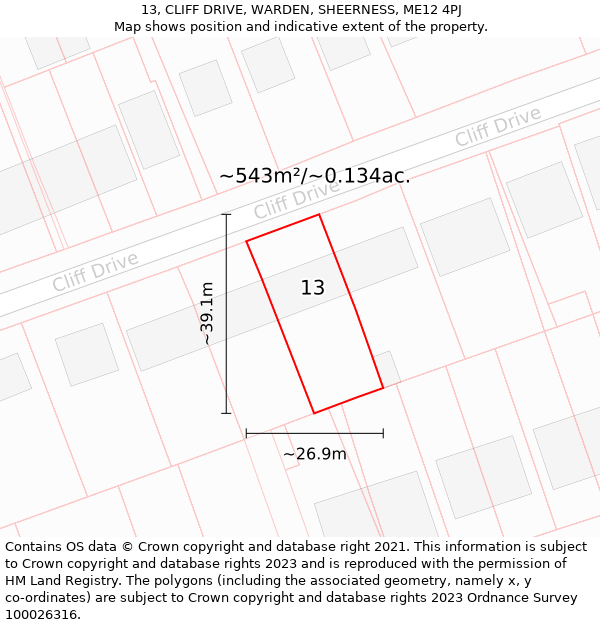 13, CLIFF DRIVE, WARDEN, SHEERNESS, ME12 4PJ: Plot and title map