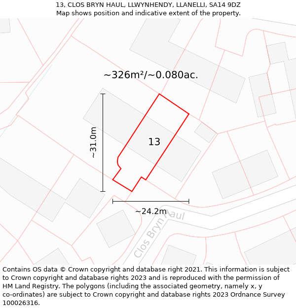 13, CLOS BRYN HAUL, LLWYNHENDY, LLANELLI, SA14 9DZ: Plot and title map