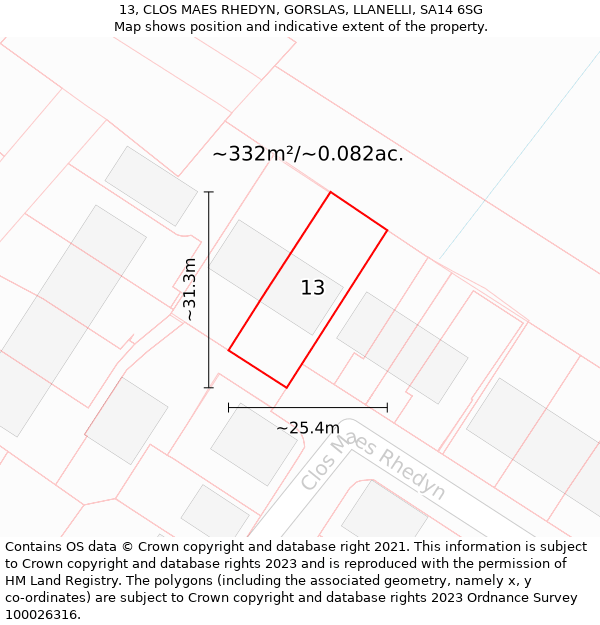 13, CLOS MAES RHEDYN, GORSLAS, LLANELLI, SA14 6SG: Plot and title map