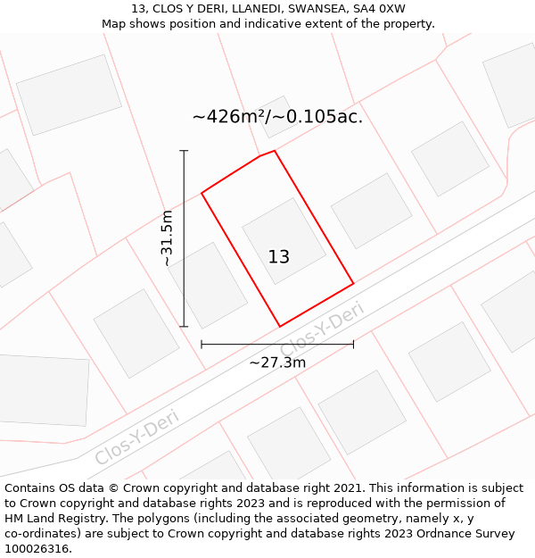 13, CLOS Y DERI, LLANEDI, SWANSEA, SA4 0XW: Plot and title map