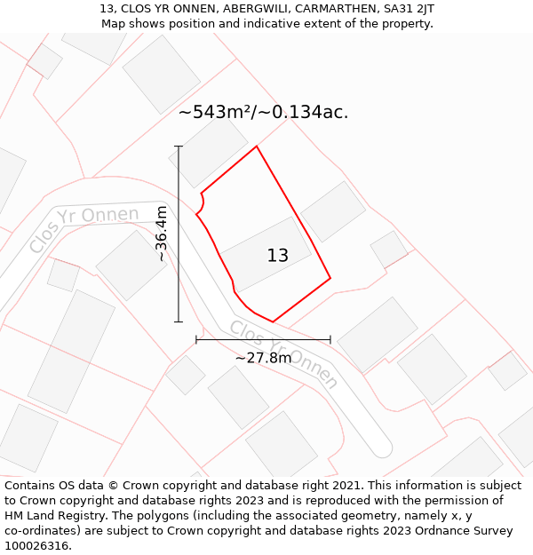 13, CLOS YR ONNEN, ABERGWILI, CARMARTHEN, SA31 2JT: Plot and title map