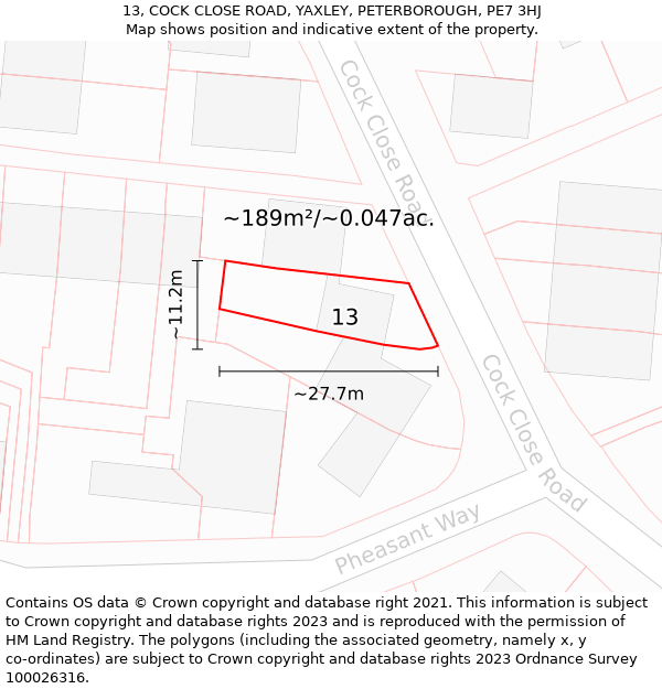 13, COCK CLOSE ROAD, YAXLEY, PETERBOROUGH, PE7 3HJ: Plot and title map