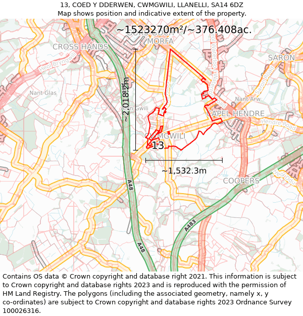 13, COED Y DDERWEN, CWMGWILI, LLANELLI, SA14 6DZ: Plot and title map