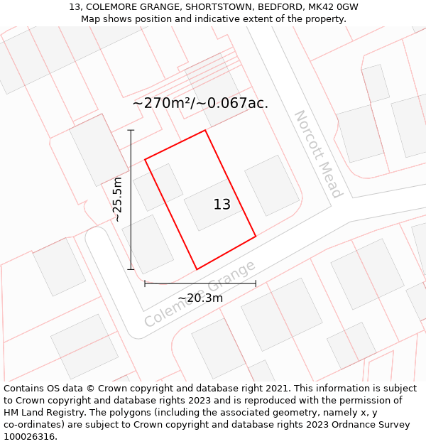 13, COLEMORE GRANGE, SHORTSTOWN, BEDFORD, MK42 0GW: Plot and title map