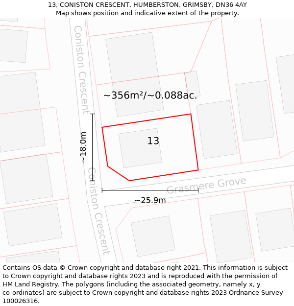 13, CONISTON CRESCENT, HUMBERSTON, GRIMSBY, DN36 4AY: Plot and title map