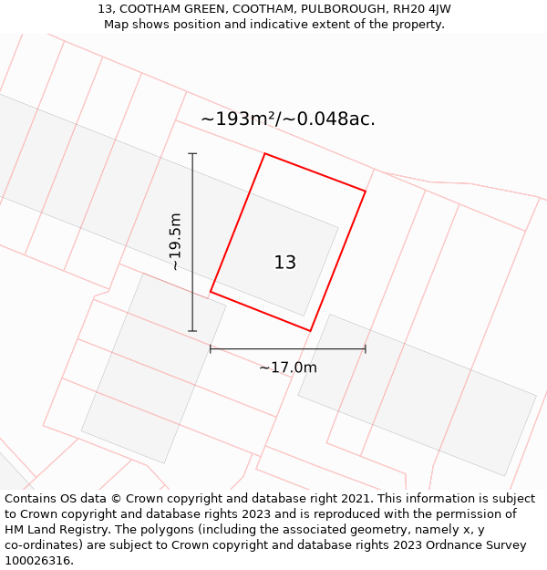 13, COOTHAM GREEN, COOTHAM, PULBOROUGH, RH20 4JW: Plot and title map