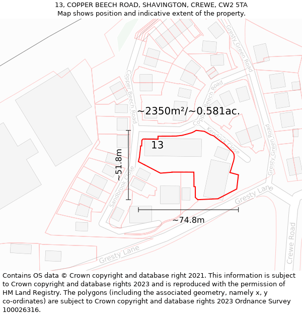 13, COPPER BEECH ROAD, SHAVINGTON, CREWE, CW2 5TA: Plot and title map