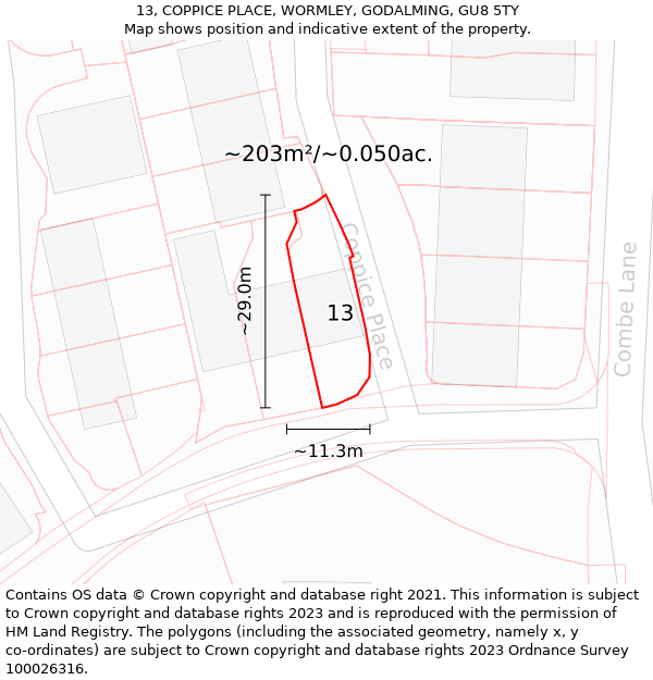 13, COPPICE PLACE, WORMLEY, GODALMING, GU8 5TY: Plot and title map