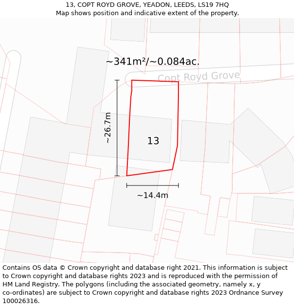 13, COPT ROYD GROVE, YEADON, LEEDS, LS19 7HQ: Plot and title map