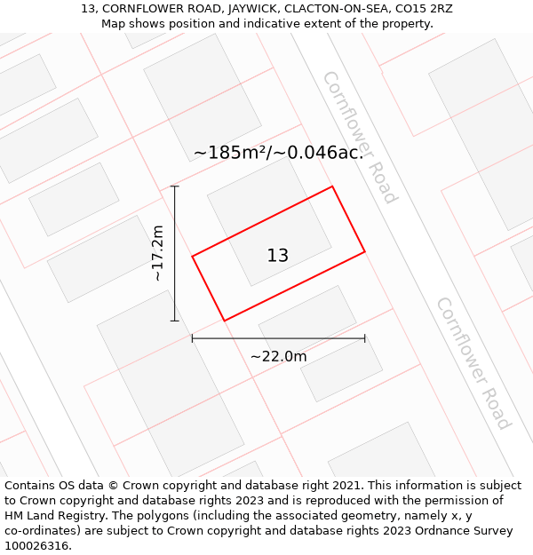 13, CORNFLOWER ROAD, JAYWICK, CLACTON-ON-SEA, CO15 2RZ: Plot and title map