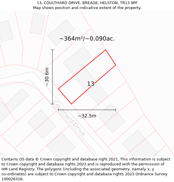 13, COULTHARD DRIVE, BREAGE, HELSTON, TR13 9PF: Plot and title map