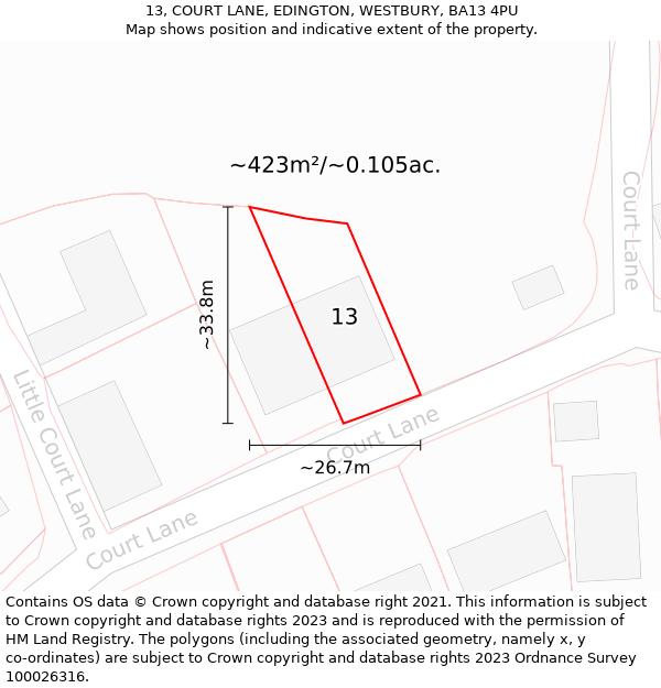 13, COURT LANE, EDINGTON, WESTBURY, BA13 4PU: Plot and title map