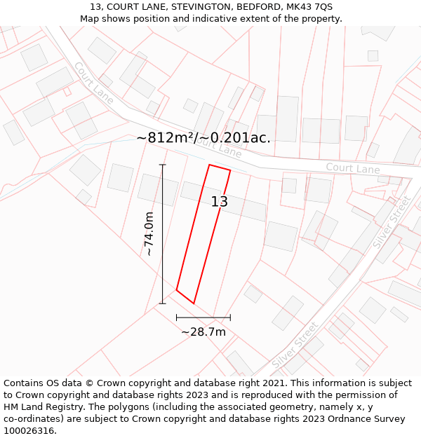 13, COURT LANE, STEVINGTON, BEDFORD, MK43 7QS: Plot and title map