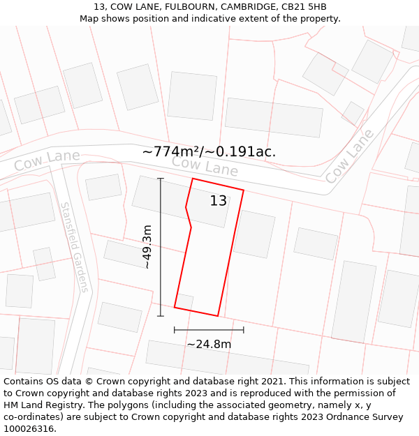 13, COW LANE, FULBOURN, CAMBRIDGE, CB21 5HB: Plot and title map