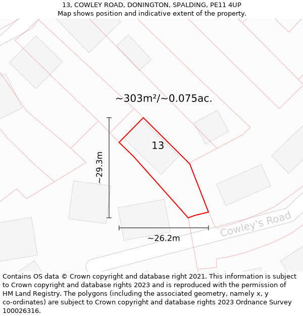 13, COWLEY ROAD, DONINGTON, SPALDING, PE11 4UP: Plot and title map