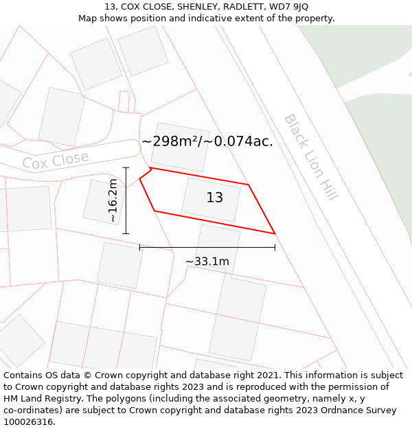 13, COX CLOSE, SHENLEY, RADLETT, WD7 9JQ: Plot and title map