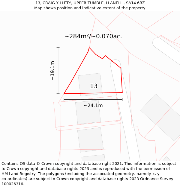 13, CRAIG Y LLETY, UPPER TUMBLE, LLANELLI, SA14 6BZ: Plot and title map