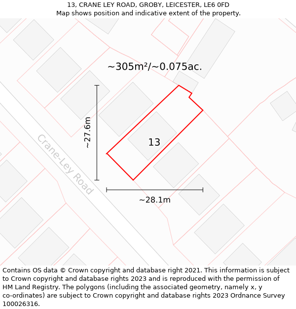 13, CRANE LEY ROAD, GROBY, LEICESTER, LE6 0FD: Plot and title map