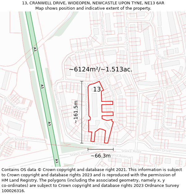 13, CRANWELL DRIVE, WIDEOPEN, NEWCASTLE UPON TYNE, NE13 6AR: Plot and title map