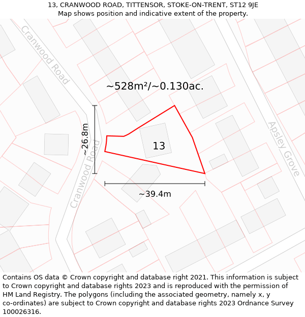 13, CRANWOOD ROAD, TITTENSOR, STOKE-ON-TRENT, ST12 9JE: Plot and title map