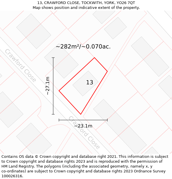 13, CRAWFORD CLOSE, TOCKWITH, YORK, YO26 7QT: Plot and title map