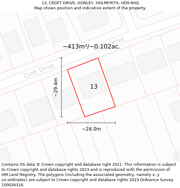 13, CROFT DRIVE, HONLEY, HOLMFIRTH, HD9 6HQ: Plot and title map