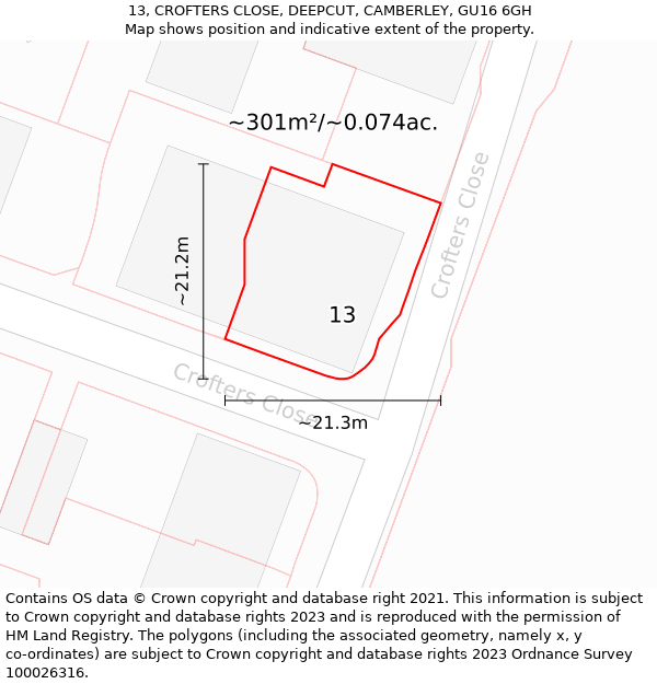 13, CROFTERS CLOSE, DEEPCUT, CAMBERLEY, GU16 6GH: Plot and title map