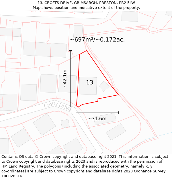 13, CROFTS DRIVE, GRIMSARGH, PRESTON, PR2 5LW: Plot and title map