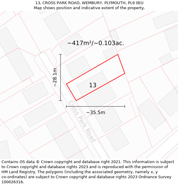 13, CROSS PARK ROAD, WEMBURY, PLYMOUTH, PL9 0EU: Plot and title map