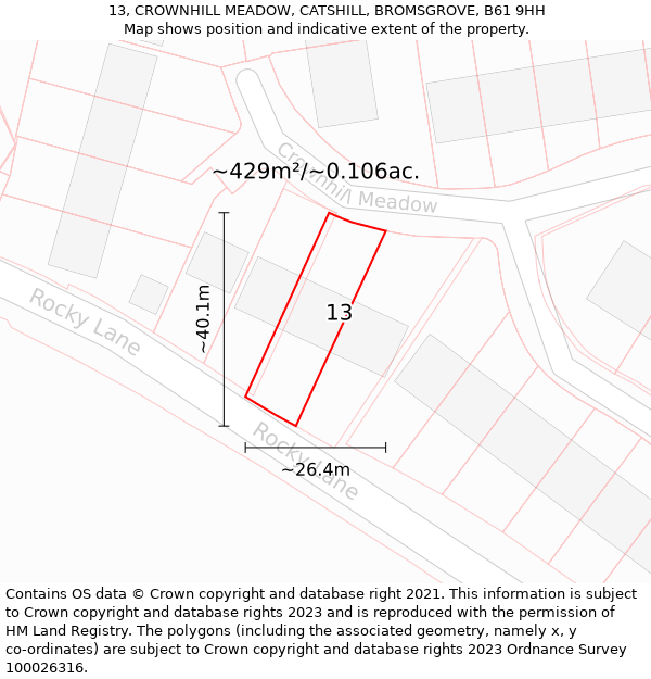 13, CROWNHILL MEADOW, CATSHILL, BROMSGROVE, B61 9HH: Plot and title map