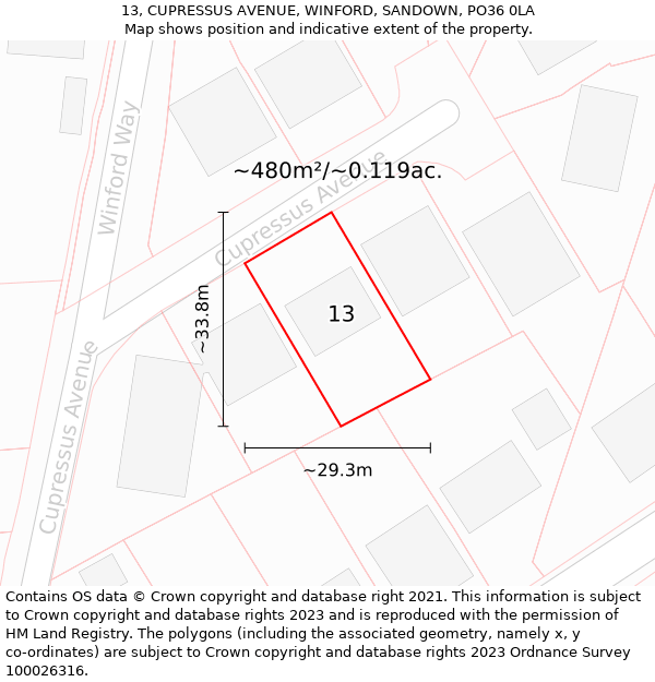 13, CUPRESSUS AVENUE, WINFORD, SANDOWN, PO36 0LA: Plot and title map